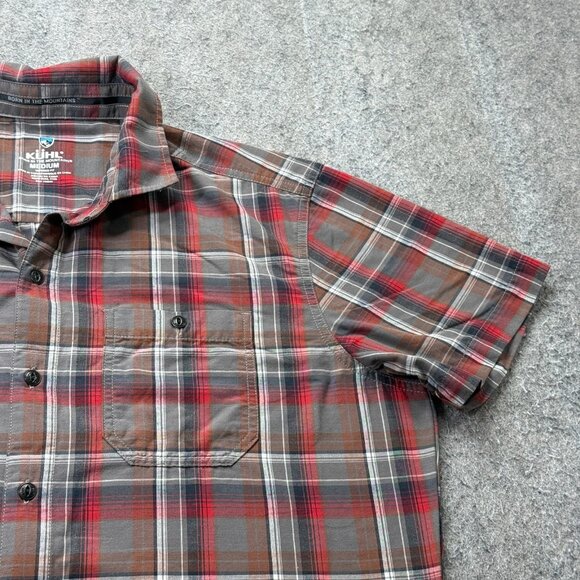Kuhl Styk Shirt Men M Brown Gray Red Plaid Tapered Button Up Short Sleeve Nylon - Picture 3 of 15